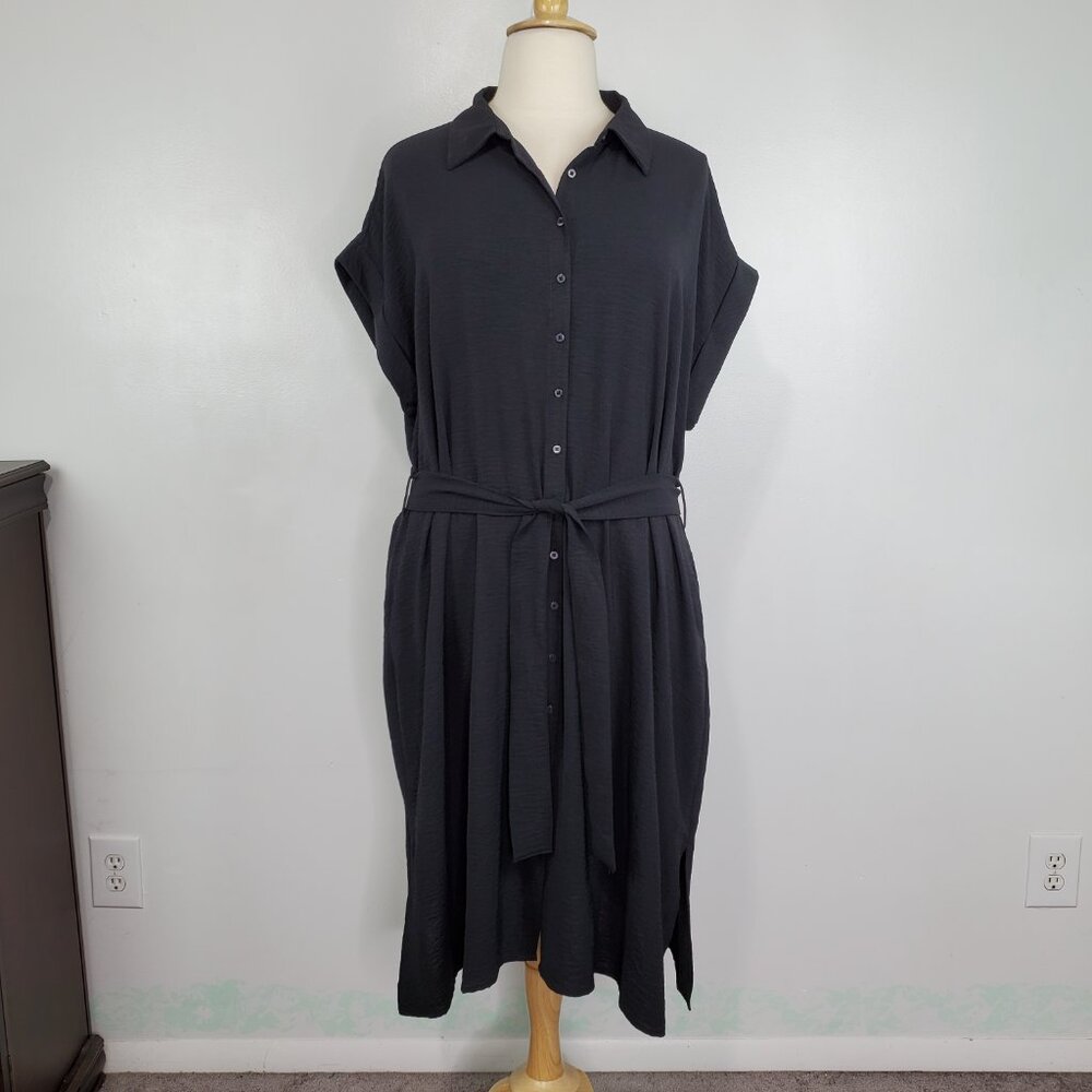 Ophelia Roe Button Front Belted Black Shirt Dress With Pockets Normcore Size 2X